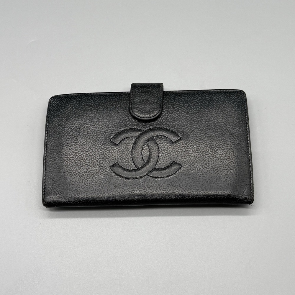 Vintage Chanel Caviar Leather Timeless CC French Fold Wallet Black Gold Hardware